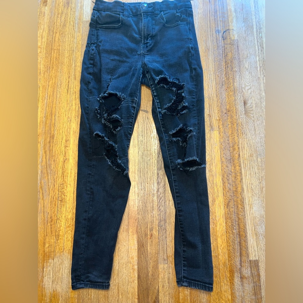American Eagle Women 4 Short Black Ripped Skinny Next Level Stretch Jeans‎